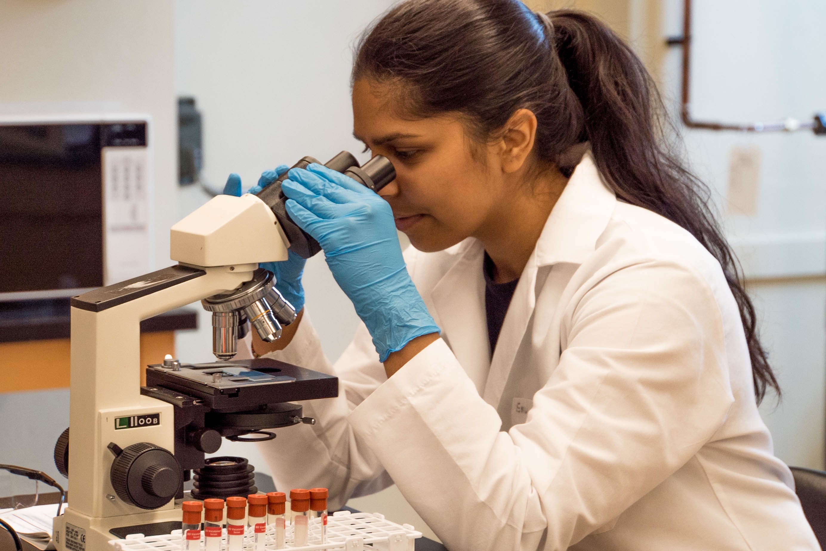 researcher looking into a microscope